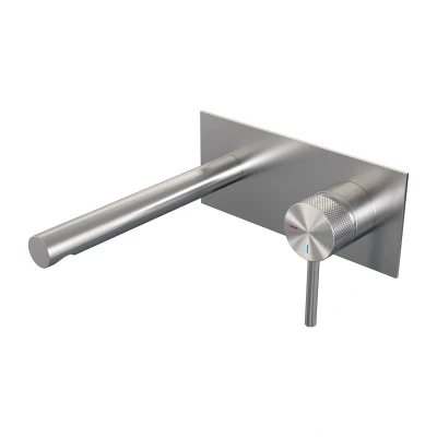 Afbeelding van Brauer Brushed carving Wastafelmengkraan inbouw rechte uitloop links hendel lang smal afdekplaat model A 1 PVD geborsteld RVS