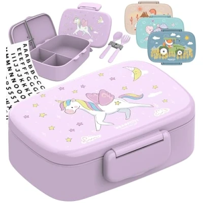 Afbeelding van Bearfoot Lunchbox voor kinderen met vakken, BPA vrij, meisjes en jongens, 100% waterdicht, kleuterschool, school (eenhoorn)