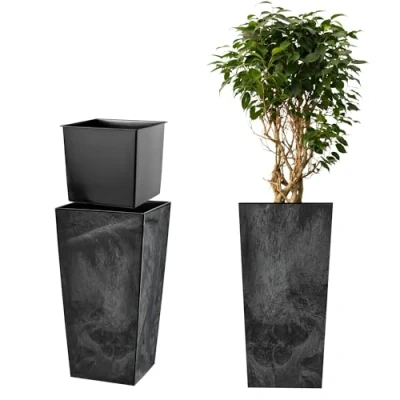 Afbeelding van KADAX Bloempot, bloembak van kunststof, plantenbak voor bloemen, binnen en buiten, tuin, balkon, terras, huis, weerbestendig, imitatie rotan (zwart beton, 68 cm hoog)