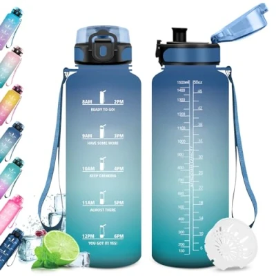 Image de KollyKolla bouteille d&#039;eau de sport motivation, 1,5L, sans BPA, avec indicateur temps pour adulte, école, salle sport, travail, randonnée, cyclisme