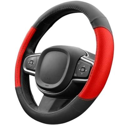 Afbeelding van Upgrade4cars Housse de volant rouge noir aspect cuir universelle 37 38 cm pour été et hiver Accessoires voiture Intérieur Idées Cadeaux femmes hommes