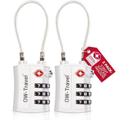 Afbeelding van OW Travel TSA kabelslot voor koffer. Hangslot 3 cijferige code diefstalbeveiliging bagage kluisje opslag tent camping combinatie USA. Accessoires reizen vliegtuig: kofferslot