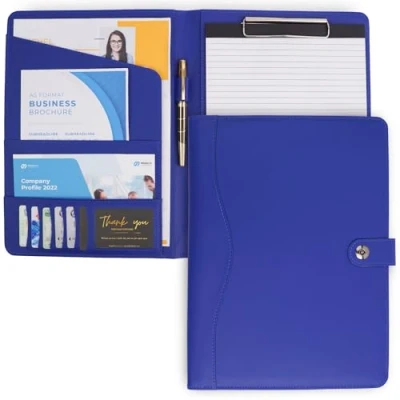 Afbeelding van AMKSONS Conferentiemap A4 in blauw met klembord en notitieblok DIN van hoogwaardig kunstleer documentvakken, penhouder, klep magneetsluiting