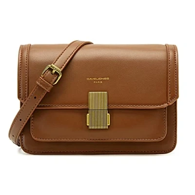 Afbeelding van David Jones Kleine schoudertas voor dames handtas gedragen schouder kunstleer hard PU leer klaptas tas stad avond winkelen telefoon mode elegant modieus chic, Cognac bruin, Chique