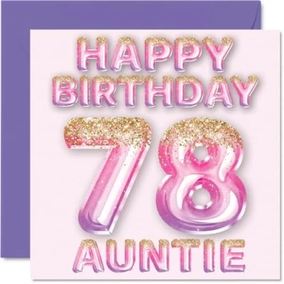 Afbeelding van Verjaardagskaart voor tante 78 jaar, roze en paarse glitterballonnen, verjaardagskaarten jarige van neef nichtje, 145 mm x