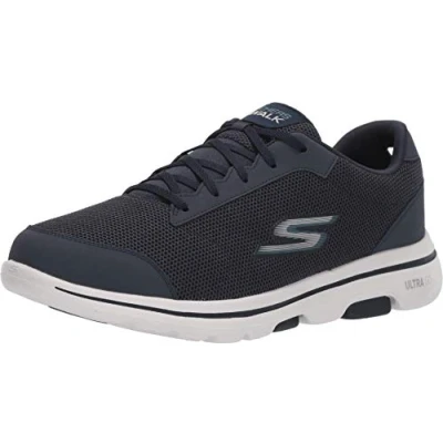 Afbeelding van Skechers Gowalk 5 Qualify Athletic Chaussures de marche en maille à lacets pour homme, Textile bleu marine avec bordure synthétique, 7.5 UK X Wide