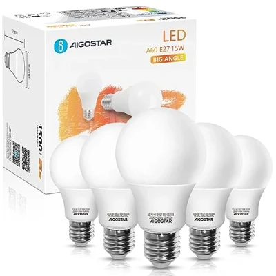 Afbeelding van Aigostar LED lamp A5 A60 15W E27 Fitting Warm Wit licht 3000K 1200 lumen Set van 5.