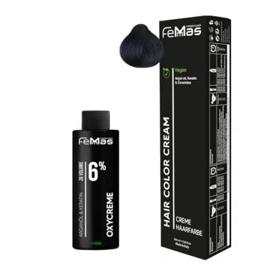 Afbeelding van Femmas Blauw zwarte haarkleurset 1.1 I Hair Color Cream 100 ml + oxycrème 6% permanente haarkleur ontwikkelaar zacht en duurzaam haarverf voor salon thuis