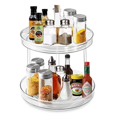 Afbeelding van KEWUZY Keukenorganizer met 2 etages, draaibaar, 360 graden kunststof, voor specerijen, olie, kruidenflessen, transparant, 23 cm