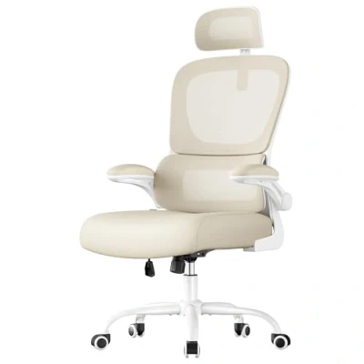 Afbeelding van SONGMICS Draaistoel, bureaustoel, ergonomische mesh stoel, met dubbellaags mesh, inklapbare armleuningen, lendensteun en verstelbare hoofdsteun, zandbeige OBN041L01