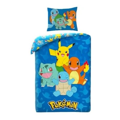 Afbeelding van Pokemon beddengoed met Pikachu, Salamèche, Carapuce en Bulbizarre, dekbedovertrek 140 x 200 cm + kussensloop 65 cm, blauw