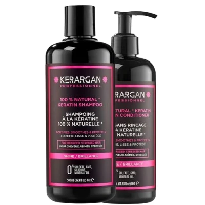 Afbeelding van Kerargan Duo shampoo en verzorging zonder uitspoelen met keratine voor beschadigd gestrest haar versterkt, glad beschermt sulfaten, parabenen siliconen 500 ml + 350
