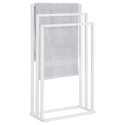 Afbeelding van IDIMEX Kuno Handdoekhouder op standaard, kledingrek voor kleding en badkamer, met 3 niveaus om te drogen verschillende hoogtes, metalen frame, wit gelakt