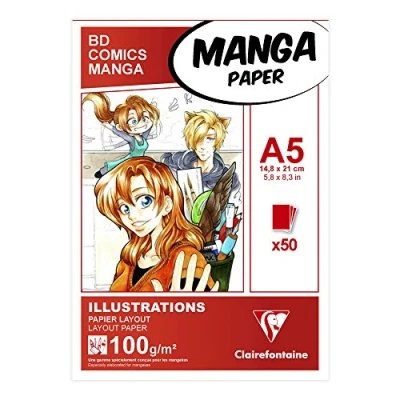 Afbeelding van Clairefontaine 94041C Gelijmd blok, papier voor manga en illustratie, 50 vellen, wit tekenpapier, extra glad, A5, 14,8 x 21 cm, 100 g, ideaal het tekenen met alcoholstiften
