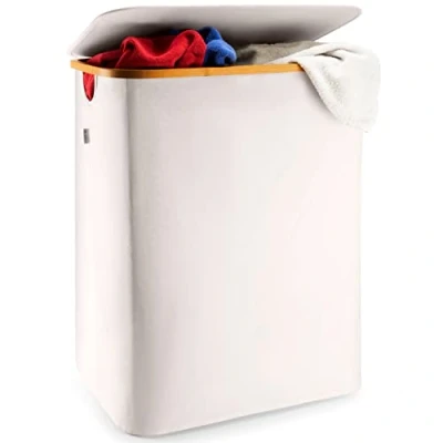Afbeelding van Lonbet Dubbele wasmand beige met deksel en afneembare waszakken XXL 150 L Extra grote 2 vakken bamboe