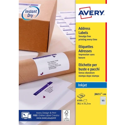 Afbeelding van Avery witte etiketten QuickDry ft 38,1 x 21,2 mm (b h), 6.500 stuks, 65 per blad etiket