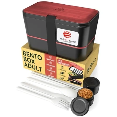 Afbeelding van Umami Bento Lunchbox, bestek en 2 sauspotten inbegrepen, Box, magnetronlunchbox, lunchbox voor volwassenen, inbouwbox, 4 vakken,