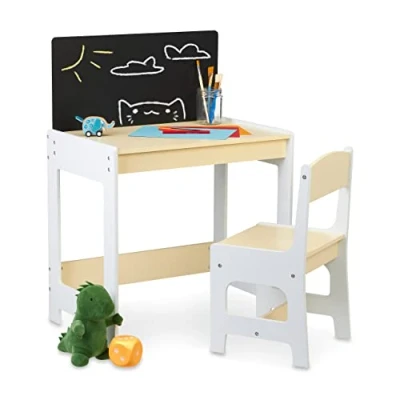 Afbeelding van Relaxdays kindertafel en stoel, speeltafel kinderstoel met schoolbord, kleuren knutselen, speelhoek, wit/beige