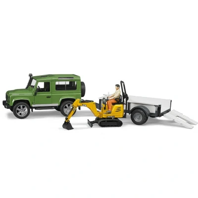 Afbeelding van Bruder Land Rover Defender met trailer, JCB micro kraan en arbeider
