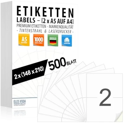 Afbeelding van Zelfklevende etiketten DIN A5 (2 per vel A4) 210 x 148 mm, bedrukbaar, mat wit oppervlak, compatibel met inkjet en laserprinters, zelfklevend voor vele gebieden,