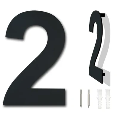 Afbeelding van Número de casa moderno cepillado,152 mm altura, hecho acero inoxidable 304 sólido, chapado en negro (Número 2 Dos)