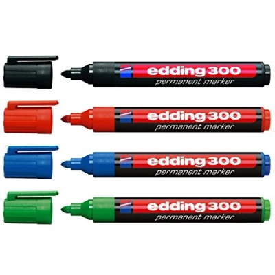 Afbeelding van edding 300 permanente markeerstiften, navulbaar, 1,5 tot 3 mm, basiskleuren, zwart, rood, blauw en groen, 4 stuks