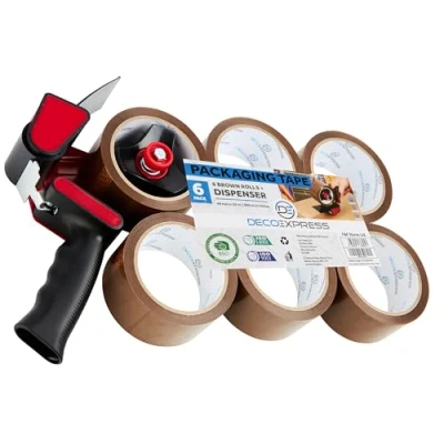Afbeelding van Verpakkingstape, dispenser en 6 rollen plakband, bruin, transparant, breekbaar, voor dozen verhuizing pakket (pistooldispenser rollen, bruin)