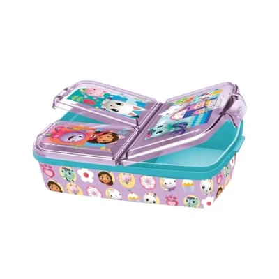 Afbeelding van p:os Gabbys Dollhouse 36543 lunchbox voor kinderen met 3 vakken, kunststof clipsluitingen, kleuterschool, school en vrije tijd