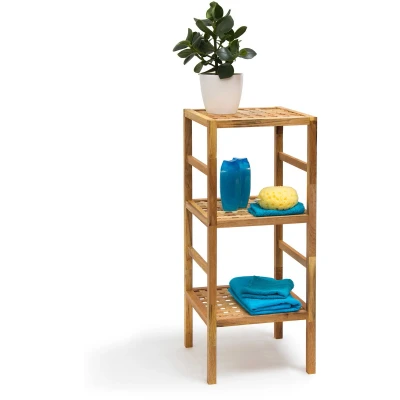 Afbeelding van relaxdays badkamerrek walnoot geolied 3 etages houten rek opbergrek