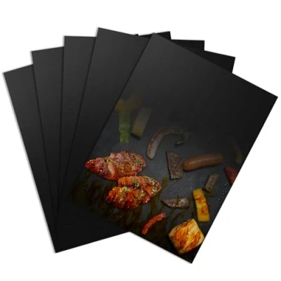 Afbeelding van Set van 5 grillmatten, 40 x 30 cm, bakpapier, antiaanbaklaag, herbruikbaar, hittebestendig en op maat te snijden, permanente grillfolie voor gasgrill, houtskoolgrill