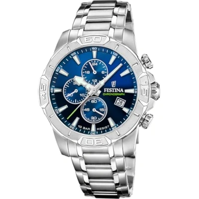 Afbeelding van Festina F20704/4 Heren Horloge Chronograaf Mineraalglas Roestvrijstaal/Leer Zilverkleurig Quartz Gesp 10 ATM (zwemmen)
