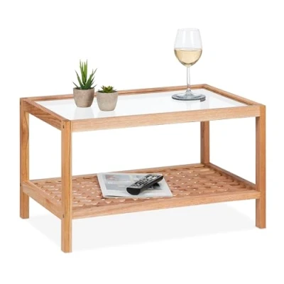 Afbeelding van Relaxdays bijzettafel walnotenhout klein tafeltje glas lage salontafel nachttafeltje