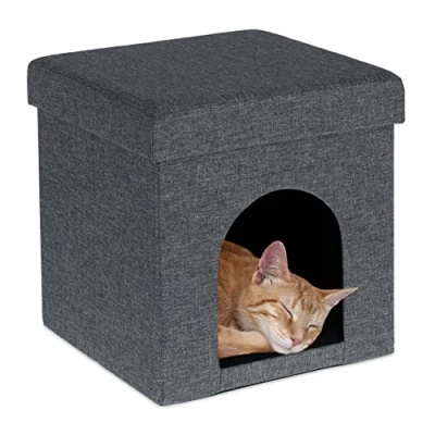 Afbeelding van kattenpoef overdekte mand 38,5 x 37 cm indoor stof voor katten en kleine honden grijs