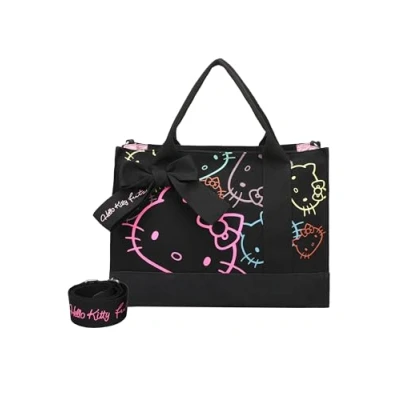 Afbeelding van Fritzi aus Preussen Hello Kitty Outline canvas draagtas voor dames, zwarte kat, zwart, middelgroot