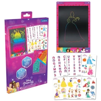 Image de Lexibook, Disney Prinzessin, Magische Schiefertafel, Bastelspielzeug für Mädchen und Jungen, mehrfarbige Zeichnungen, 28 cm Bildschirmdiagonale, 1 Stift 6 Schablonen enthalten, Rosa, CRT10DP