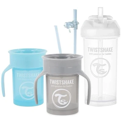 Afbeelding van Twistshake Snavelbeker voor baby&#039;s, 3 delig, 2 bekers 360 1 beker met rietje, bevat extra rietjes en een waterdichte afdichting, trainingsbeker, BPA vrij, grijs blauw