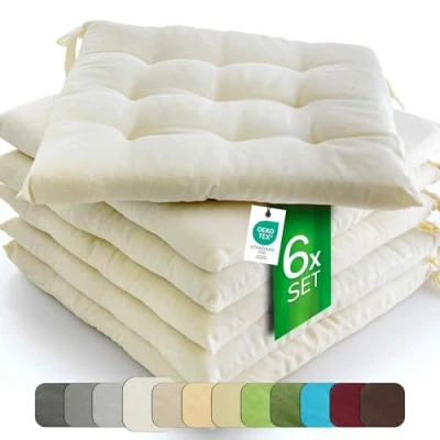 Afbeelding van ETÉREA Stoelkussen voor buiten en binnen [met linten] 6 sets kussens 40 x cm, crèmekleurig, zitkussen, stoelkussen, zitkussen cm