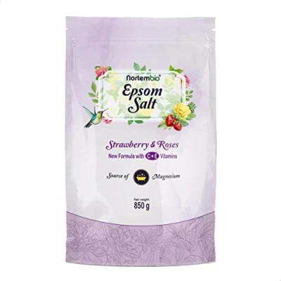 Afbeelding van Nortembio Epsomzout 850 g. Badzout met aardbeien en rozenaroma. Magnesiumsulfaat gehydrateerd vitamine C E. spierontspanning, aromatherapie goede nachtrust. E book inbegrepen.