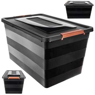 Afbeelding van KADAX opbergdoos met deksel, speelgoedkist, robuuste plastic container van kunststof, opbergbox kliksluiting, (zwart, 55 l)