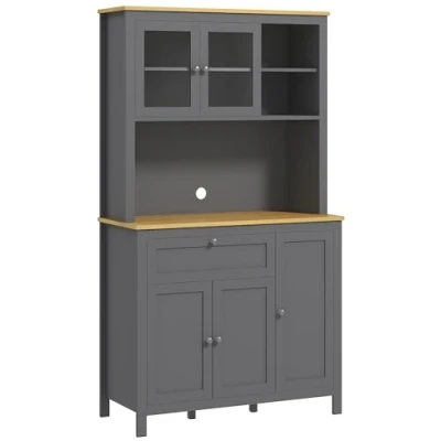 Afbeelding van HOMCOM Keukenkast, dressoir, keuken, servies, opbergkast, moderne stijl, met 3 kasten, lade, nissen, kabeldoorvoer, verstelbare planken en glazen deuren, 100 x 40 180 cm, grijs