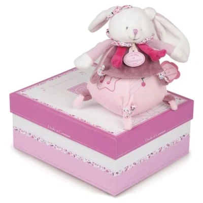 Afbeelding van Doudou et Compagnie baby muziekspeeltje kersen konijn Tournicoti 17 cm wit en roze DC2704