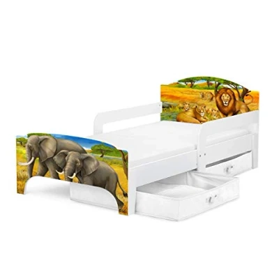 Afbeelding van Leomark Kinderbed Smart, eenvoudig, van hout, safarimotief, met lades, opbergruimte voor beddengoed, lattenbodem, matras, valbestendig, uv print, ligoppervlak 140 x 70 cm