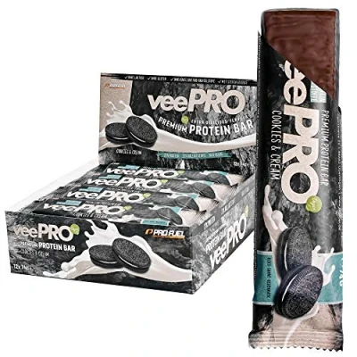 Afbeelding van Cokies &amp; Cream Veganistische proteïnerepen 12 x 74 g Ongelooflijk lekker VeePRO 20 27% eiwit hoog eiwit, hoge vezels, glutenarm 100% veganistisch en glutenvrij