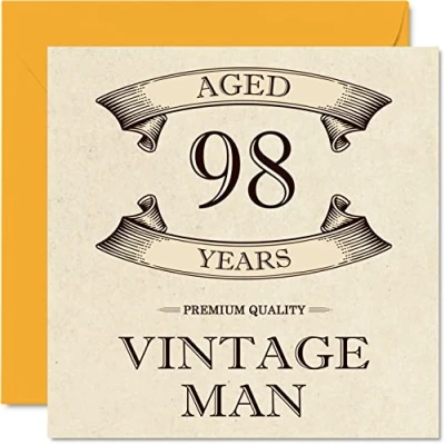 Afbeelding van Vintage verjaardagskaarten voor mannen, 98 jaar, grappige verjaardagskaart opa, vader, echtgenoot, oom, broer, 145 mm x mm, wenskaart 98e verjaardag