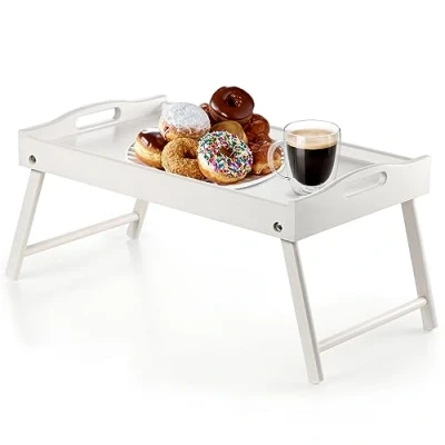 Afbeelding van KADAX Bedtafel, ontbijtdienblad van grenenhout, 19 x 30 50 cm, serveerblad, inklapbaar, dienblad voor ontbijt op bed, bijzettafel (wit)