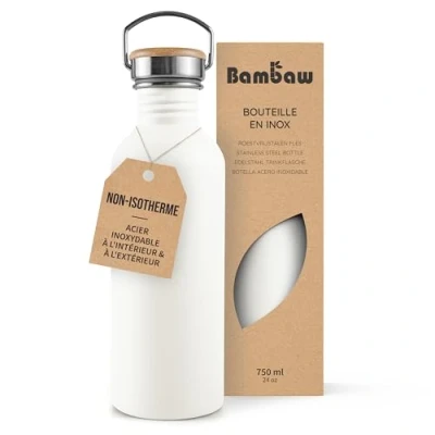 Afbeelding van Bambaw® Waterfles 750ml Enkelwandige drinkfles Lekvrij, Plasticvrij met Bamboe Dop Waterflessen Volwassenen RVS Perfect voor Reizen, Wandelen, Dagelijks Gebruik, Kamperen Water Fles Camping Wit