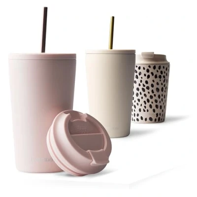 Afbeelding van MAMEIDO Thermosbeker met rietje, 470 ml, waterdichte koffiethermos, van roestvrij staal, BPA vrije thermobeker, koffie (Blush Kissed, 0,47 l)