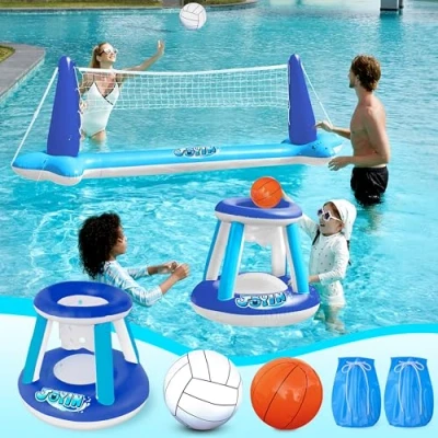 Afbeelding van JOYIN Opblaasbare zwembadvlotter, volleybalnet en basketbalmand, drijvend zwemspel voor kinderen/volwassenen, zomerdrijvers, zomerspeelgoed watersport, donkerblauw