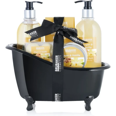 Afbeelding van BRUBAKER Cosmetics Bad en Doucheset Cadeautip Vrouw Ginger Vanilla met Decoratie Badkuip Verwenpakket Cadeau Geschenkset Zwart 9 delig Moederdag cadeautje