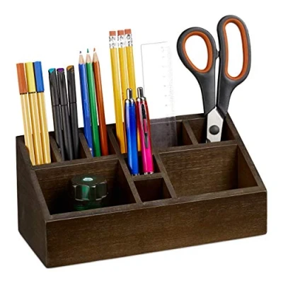 Afbeelding van Relaxdays pennenbakje bamboe bureau organizer 10 vakken design pennenbak hout